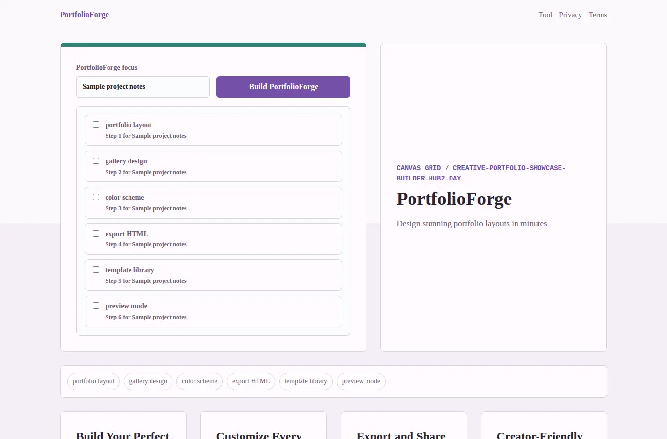 Screenshot of PortfolioForge interface showing the project page in use